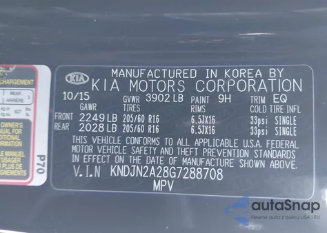 2016 Kia Soul z USA, uszkodzony, nr VIN KNDJN2A28G7288708